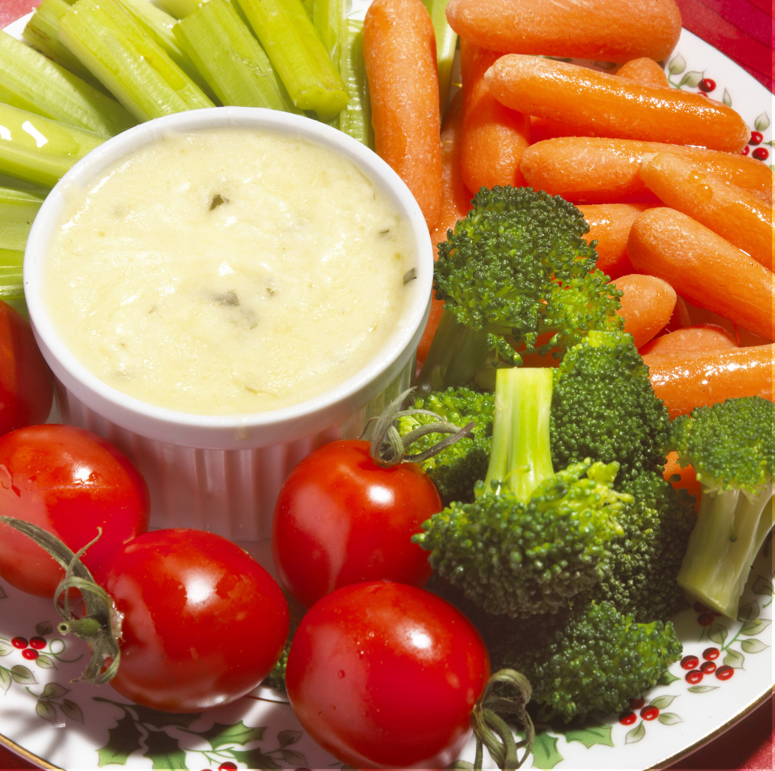 vegetables and dip on plate