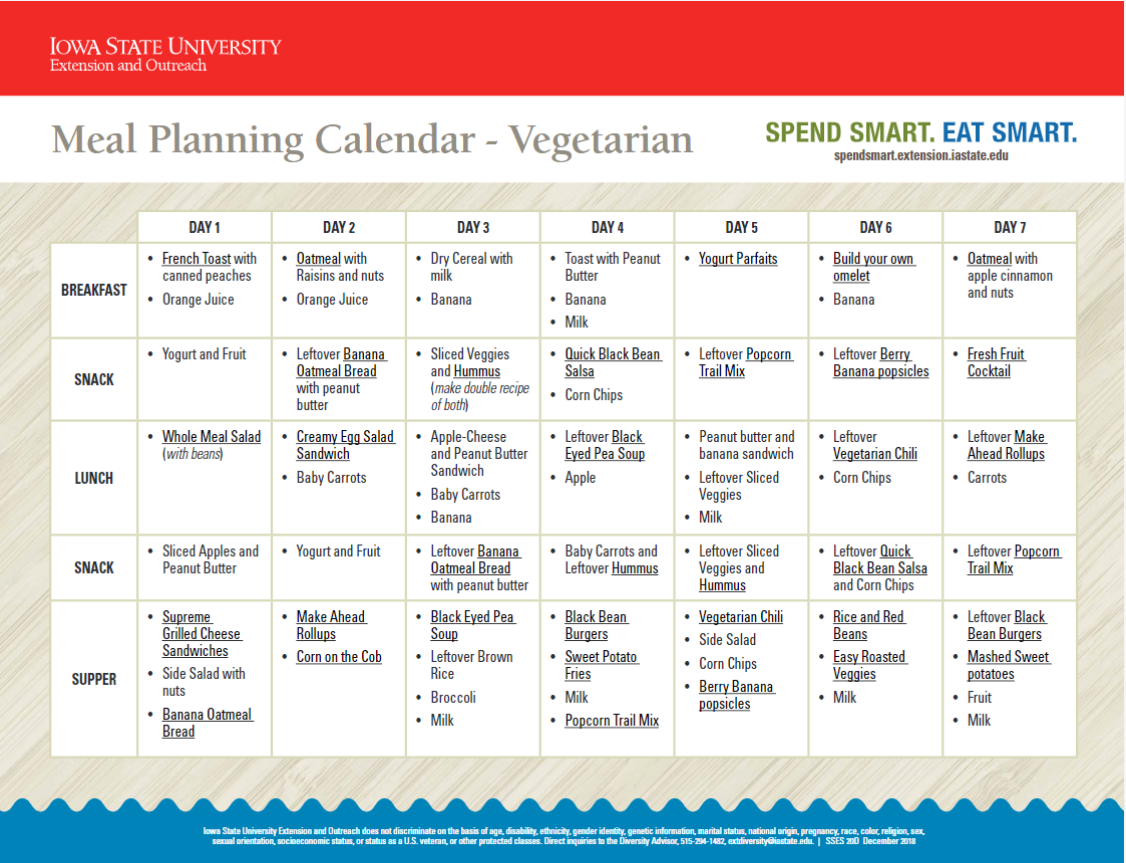 vegetarian meal planning calendar